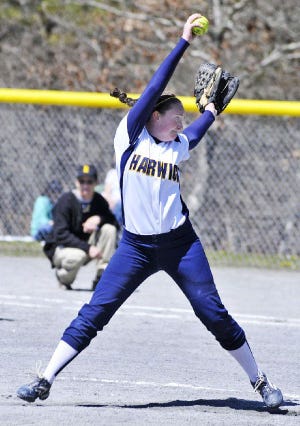 Harwich’s Nell O’Connor winds up for a pitch during Friday's game against Nauset. O’Connor fired a no-hitter with 10 strikeouts as the Rough Riders rolled to a 22-0 victory.