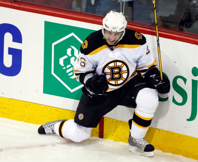 David Krejci celebrates after scoring a goal against the Montreal Canadiens during the first period of Game 4 during the Bruins' sweep in the first-round series.