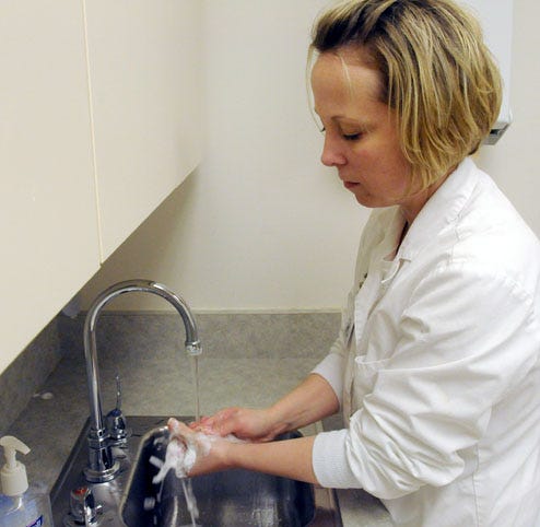 Melinda Cox, R.N., Director of Public Health Nursing Services for Stephenson County Health Department, shows proper techniques for washing hands Monday at the Health Department.
