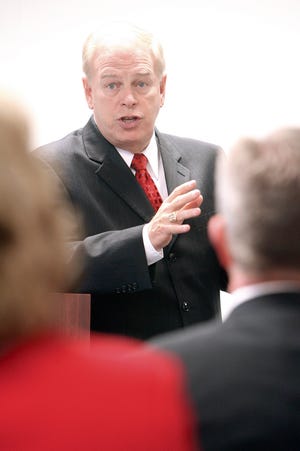 Gov. Ted Strickland addresses a room full of superintendents Thursday in Canton