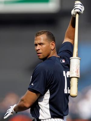 New York Yankees' Alex Rodriguez swings his bat with a weight on it during batting practice before the Yankees face the Boston Red Sox in the first game of a four-game baseball series at Yankee Stadium in New York, Thursday, July 3, 2008.