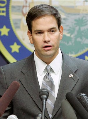 In this Oct. 10, 2007 file photo, Speaker of the House Marco Rubio, R-Miami, speaks at a news conference in Tallahassee, Fla.