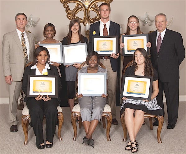 EATEL and the Ascension Parish School Board partnered to host the third annual Top Scholar’s Banquet. Shown back row from left are Ascension Parish Schools Superintendent Donald Songy, Chantell Landry, Laney Gautreau, Ian Hanlon, Michelle Krieger and Robert Burgess; front row: Arienne Ferchaud, Gabrielle Bessix and Courtney Stein; not pictured: Jeff Boudreaux. Photo provided