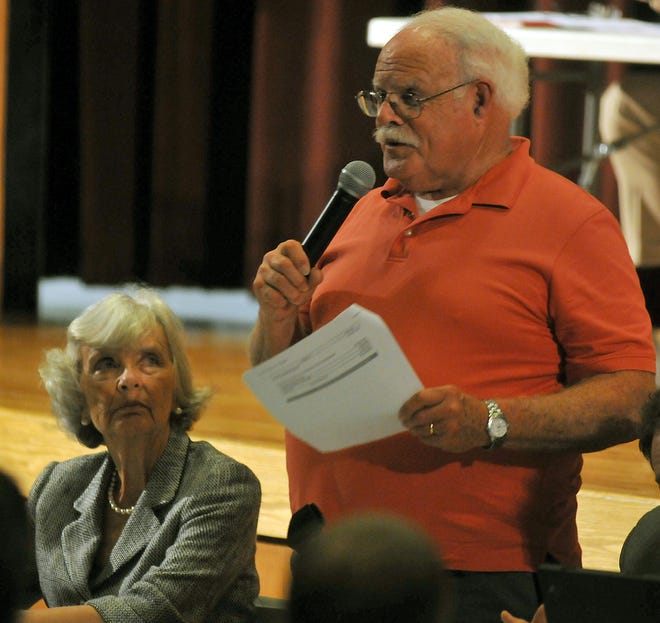 Finance Committee Chairman Paul Flaherty talks at the Upton Town Meeting on Thursday night.