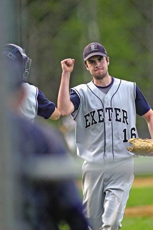 Exeter’s Joe Duball gives a fist pump after picking off a Goffstown runner in the fifth inning of Wednesday’s Class L game.