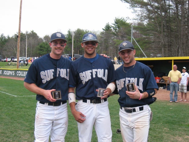 Mike Kenneally (left), a member of the Georgetown High School Class of 2005, gets together with his former Cape Ann League rivals Keith Carter (center, Newburyport, Class of 2005) and Paul Vittozzi (right, North Reading, Class of 2005).