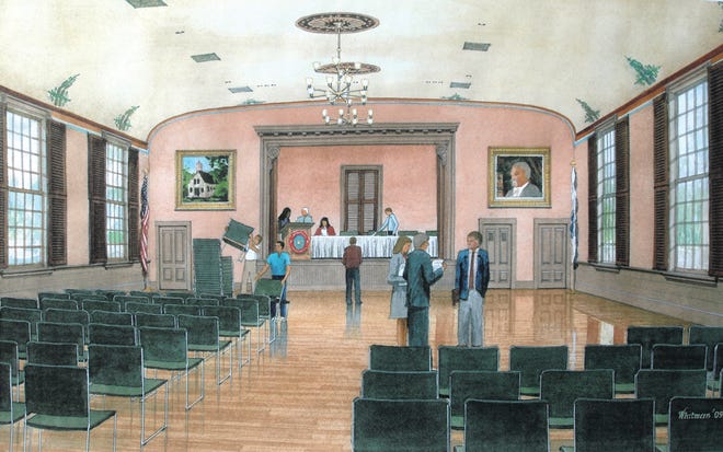An artist’s rendering of the restored second floor of Town Hall.