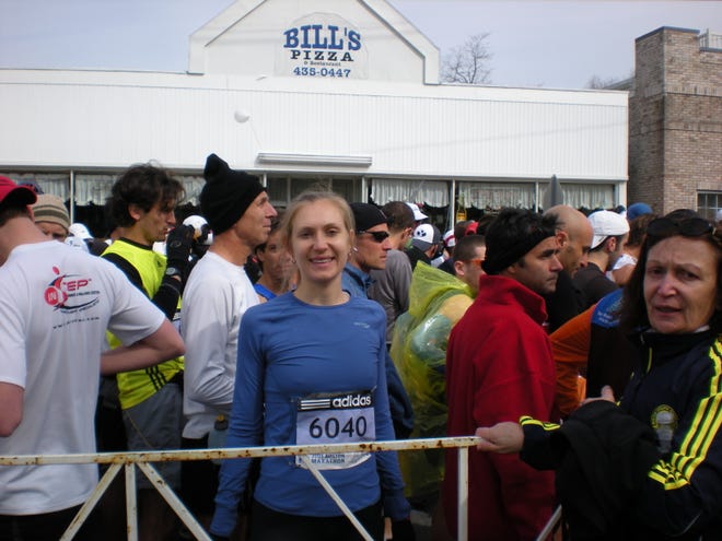 Katherine Dodd waits to start the Boston Marathon last month.