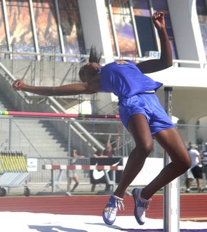 East Ascension’s Lynnika Pitts cleared 5-06 to win the state title in the high jump at the LHSAA State Meet at LSU’s Bernie Moore Stadium Saturday. Pitts also leaped 38-11 to win the triple jump.