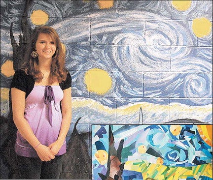 (ABOVE) Amanda Weatherholt stands in front of the Starry Night mural she painted in the high school hallway. (INSET) More of Weatherholt’s work.