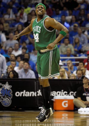 Boston Celtics guard Paul Pierce reacts after missing a shot during the first half of a second-round NBA playoff basketball game against the Orlando Magic in Orlando, Fla., Thursday, May 14, 2009. (AP Photo/Phelan M. Ebenhack)