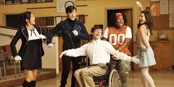 Jenna Ushkowitz, Chris Colfer, Kevin McHale, Amber Riley and Lea Michele, from left, play members of a ragtag glee club.