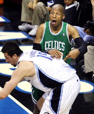 Boston Celtics guard Ray Allen reacts to a foul called on him to Orlando Magic forward Hedo Turkoglu during Game 4.