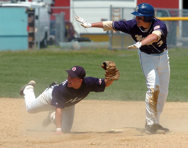 Coyle-Cassidy's Kyle Cachopa, right, looks to the umpire flashing a safe sign. Apponequet second baseman Daryll Levesque made the tag on Cachopa, who was trying for a double.