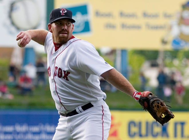 Boston Red Sox first baseman Kevin Youkilis warms up prior to rehabilitation game with the Pawtucket Red Sox in a Triple-A baseball game against the Buffalo Bisons on Monday, May 18, 2009, at McCoy Stadium in Pawtucket, R.I. (AP Photo/Stew Milne)