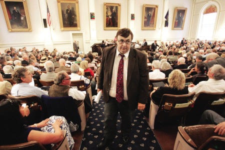 The sponsor of the New Hampshire gay marriage bill, Rep. Jim Splaine, D-Portsmouth, walks off the House floor after an amended version of his bill was voted down Wednesday in Concord.