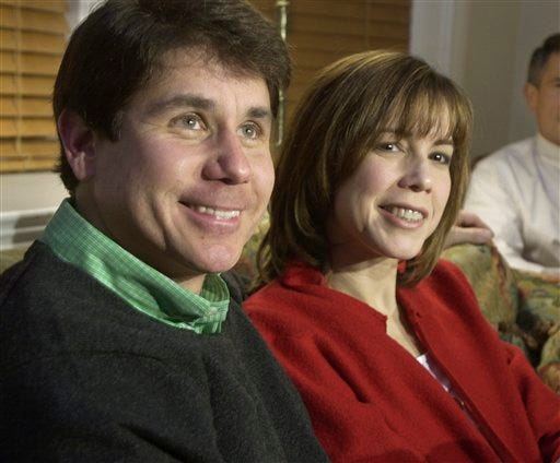 In this March 19, 2002, file photo, former Illinois Gov. Rod Blagojevich and his wife Patti watch election returns in their Chicago home. Blagojevich's wife says she will work to support her troubled family by going to Costa Rica as one of what NBC calls "10 pampered celebrities dumped into the jungle to see if they survive" on a reality TV show. If she's the last one still on the show after the others are voted off, the former first lady of Illinois will be dubbed Queen of the Jungle, the network said. (AP Photo/M. Spencer Green, file)
