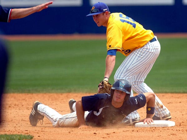 UNCW's Grayson Evans is safe at second base under the tag of University of Delaware's Pat Dameron Friday, May 22, 2009.