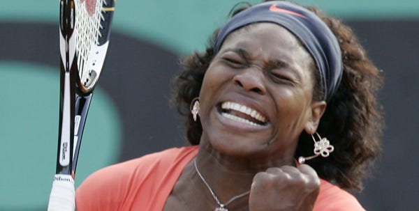 USA's Serena Williams reacts as she defeats Czech Republic's Klara Zakopalova during their first round match of the French Open tennis tournament at the Roland Garros stadium in Paris, Tuesday May 26, 2009. Williams won 6-3, 6-7, 6-4. (AP Photo/Lionel Cironneau)