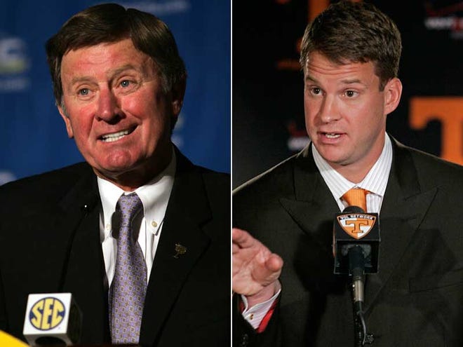 South Carolina and former Florida coach Steve Spurrier, left, and new Tennessee coach Lane Kiffin.