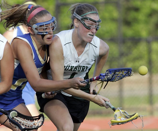 Duxbury's Caitlin Burke, right, tries to hold off Norwell's Laura Ferzoco during second half action.