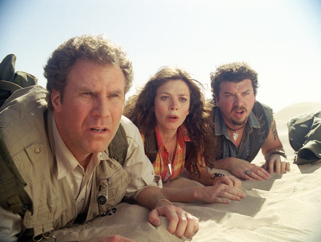 From left, Will Ferrell, Anna Friel, and Danny McBride in a scene from, "Land of the Lost."