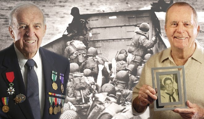 William Ulwick of Abington, left, and Daniel Lyons of Quincy were among the Allied forces who invaded Normandy on June 6, 1944. Their pictures are shown with a photo of a landing barge headed to the Normandy beaches.