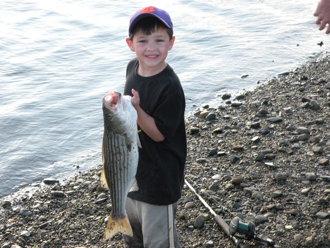Four-year-old Will Chatterton hold his first striped bass, which he recently caught in the South River.