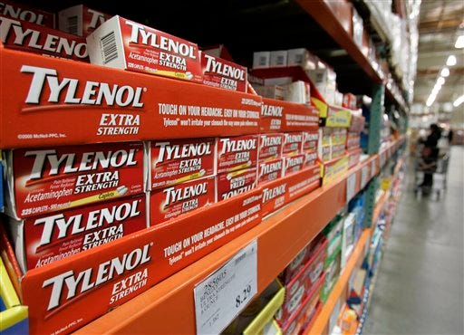 In this Dec. 12, 2007 file photo, Tylenol drugs are shown in the drug department at Costco in Mountain View, Calif. During a two-day meeting that started Monday June 29, 2009, the FDA is asking more than 35 experts what additional steps can be taken to reduce accidental overdose with the over-the-counter and prescription pain relievers.