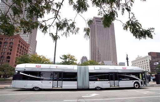 This photo from 2008, shows the new bus for the new RTA Health Line, running from downtown Public Square to University Circle and back in Cleveland, Ohio. With a national economy causing economic challenges, fewer people are taking public transportation in the Cleveland area.The Greater Cleveland Regional Transit Authority says riders of buses and transit trains dropped 14 percent in April and almost 21 percent in May.