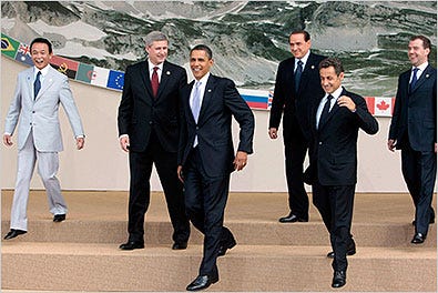 From left, Prime Minister Taro Aso of Japan, Prime Minister Stephen Harper of Canada, President Obama, Prime Minister Silvio Berlusconi of Italy, President Nicolas Sarkozy of France and President Dmitry A. Medvedev of Russia during the Group of Eight summit in L'Aquila, Italy on Wednesday.