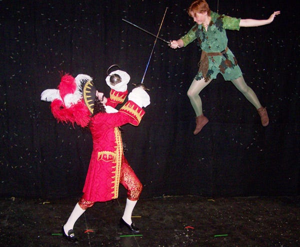 Brittany Church, right, as Peter Pan in Circa ‘21’s summer production of ‘Peter Pan’ battles Captain Hook, played by Tom Walljasper.