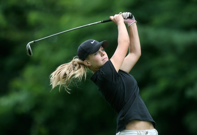 Annie Taylor tees off on Tuesday at Lincoln Greens Golf Course where she advanced in the Drysdale Tournament.
T.J. Salsman/The State Journal-Register