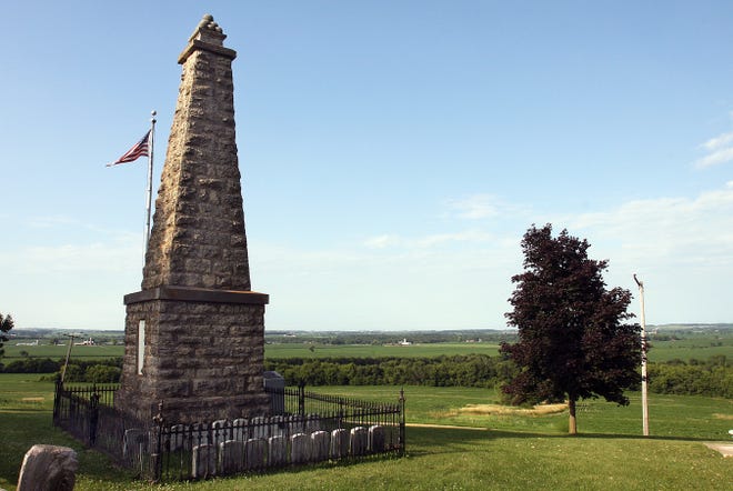 The Black Hawk War monument was built in 1886 in memory of the 23 men who died in a battle with Indian Chief Blackhawk.
