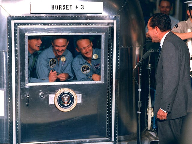 COURTESY OF NASA IMAGE ARCHIVE President Richard M. Nixon was in the central Pacific recovery area to welcome the Apollo 11 astronauts aboard the U.S.S. Hornet, prime recovery ship for the historic Apollo 11 lunar landing mission.