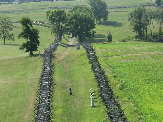 This is the "Sunken Road" near Sharpsburg, Md., where the Confederate soldiers were overrun by Union troops in what became known as the Battle of Antietam. The Union forces, who flaked the Confederates, began shooting up the road in what became a slaughter.