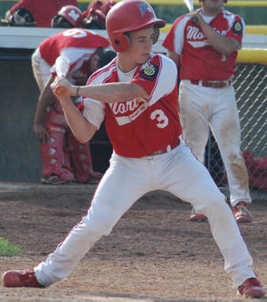 Extending the inning: Morton American Legion Post 318 baseball player Stefan Sauder drew a walk July 14 in the eighth inning of the team’s 5-1 win over Pekin. Morton lost twice in championship games to Limestone to finish second in the 16th District tournament.