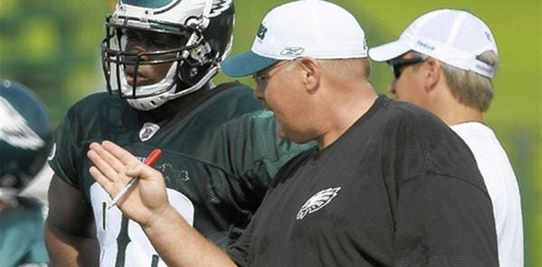Philadelphia Eagles head coach Andy Reid gives direction to rookie tight end Cornelius Ingram during the morning practice of training camp at Lehigh University on Monday.