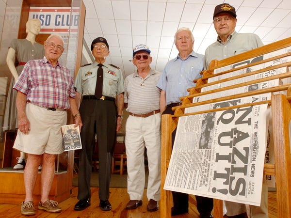 Dickson Baldridge (from left), Justin Raphael, Leo Bednarczyk, Jim Pridemore and Joe Griggs, who all served in WWII, met at the newly renovated Hannah Block Historic USO to talk about their experiences Monday July 27, 209.
