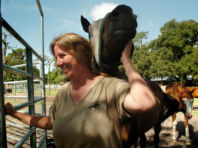 Robin Cain, owner of Sixteen Hands Horse Sanctuary, gets repeatedly nuzzled by Dancer, one of 32 horses at the facility.