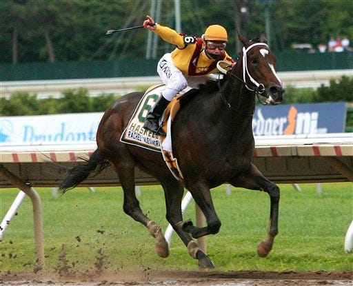 Rachel Alexandra, with jockey Calvin Borel, wins the Haskell Invitational Sunday at Monmouth Park in Oceanport, N.J. The winning time for the 1 1-8 miles was 1:47.21.