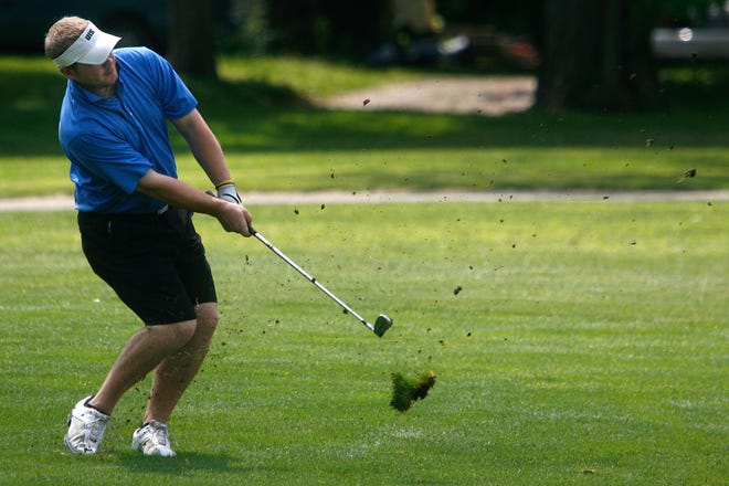 The second round of the Men's City Golf Tournament took place Sunday at Bunn Park golf course. First round leader Scott Belcher succeeded in driving his second shot, which had sunk into the turf, onto the green with this strong slice that also coughed up a large divot on the 13th hole. Belcher finished Sunday with a 72 and a two-day tournament total of 139.