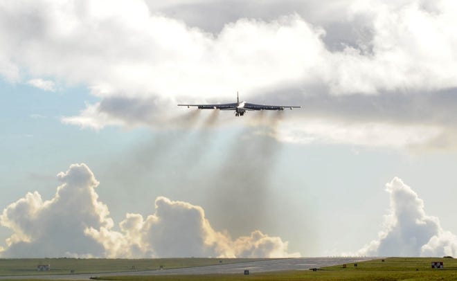 (U.S. Air Force photo/Senior Airman Christopher Bush)A B-52 Stratofortress from the 96th Expeditionary Bomb Squadron takes off from Andersen Air Force Base, Guam, on July 24. The B-52s completed 10 sorties flying more than 110 hours while participating in Talisman Saber 2009, a joint and coalition exercise that ran July 15-24. The B-52s are deployed from Barksdale AFB, La., to support U.S. Pacific Command\u2019s Continuous Bomber Presence in the Asia-Pacific region.