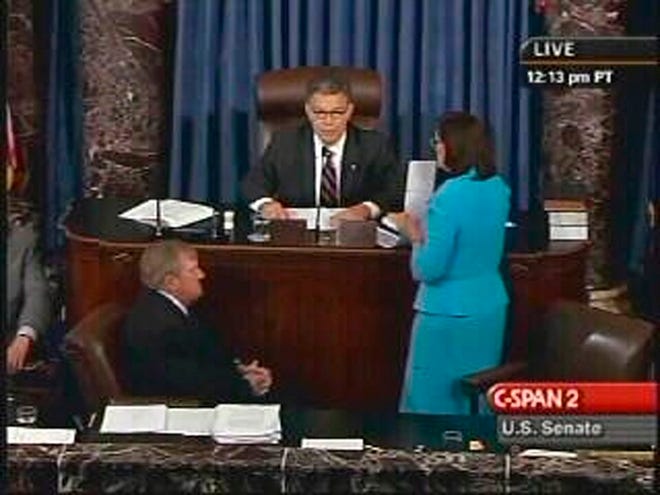 In this photo released by C-SPAN, Sen. Al Franken D-Minn is seen presiding over the vote in the U.S. Senate after the Senate confirmed Sonia Sotomayor as the first Hispanic justice on the Supreme Court, in Washington. The vote was 68-31 for Sotomayor, President Barack Obama's first high court nominee. She becomes the 111th justice and just the third woman to serve.