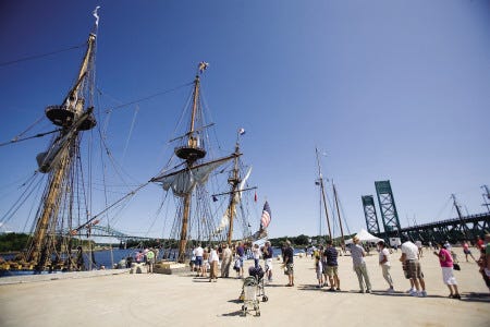 The lines were long to see the Kalmar Nyckel, left, from Delaware, among other tall ships, at the state pier on Saturday morning, Aug. 8, 2009.