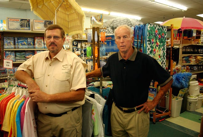 TERRY DICKSON/The Times-UnionButch Bishop (left) and Marty Fender, co-owners of Maxwell's Hardware and Variety Store, say they worry what will happen to their stores during construction of the new convention center.