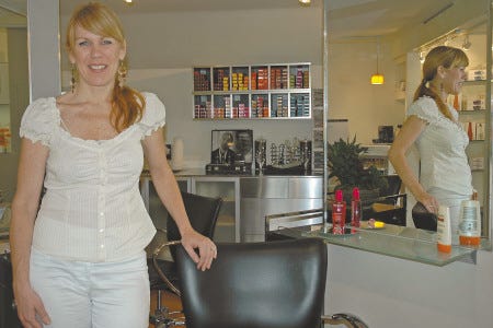 Laura Dolce photo
Sheryl Barrett stands in her Fringe Hair Art salon in Kennebunkport.