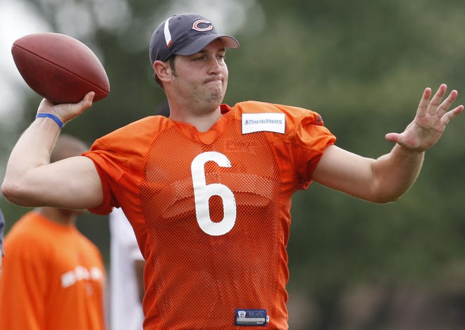 Chicago Bears quarterback Jay Cutler throws during training camp at Olivet Nazarene University in Bourbonnais, Ill., Saturday, Aug. 1, 2009.