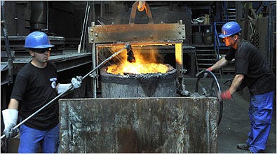 Workers at a foundry in Schmiedeberg, in eastern Germany. Europe’s economy strengthened unexpectedly in the second quarter, indicating the recession would likely end later this year.