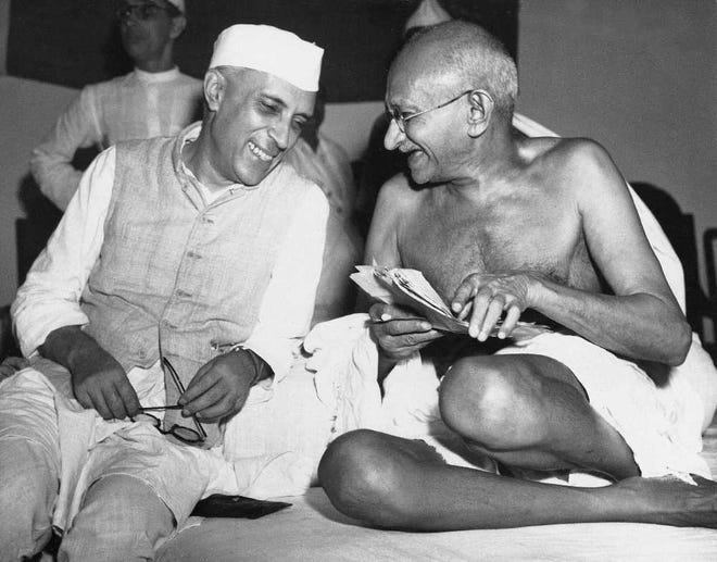 On Aug. 15, 1947, India became independent after some 200 years of British rule. A year earlier, bespectacled Mohandas Gandhi, the Mahatma, who eventually led India to its independence, laughs with the man who was to be the nation’s first prime minister, Jawaharlal Nehru.